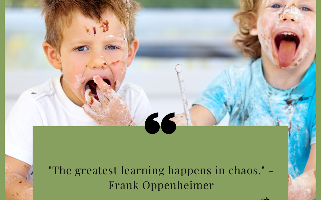two young boys with paint on their face with the quote: "The greatest learning happens in chaose." - Frank Oppenheimer