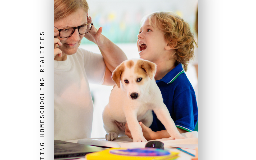 little boy with puppy on the table and woman trying to talk on the phone
