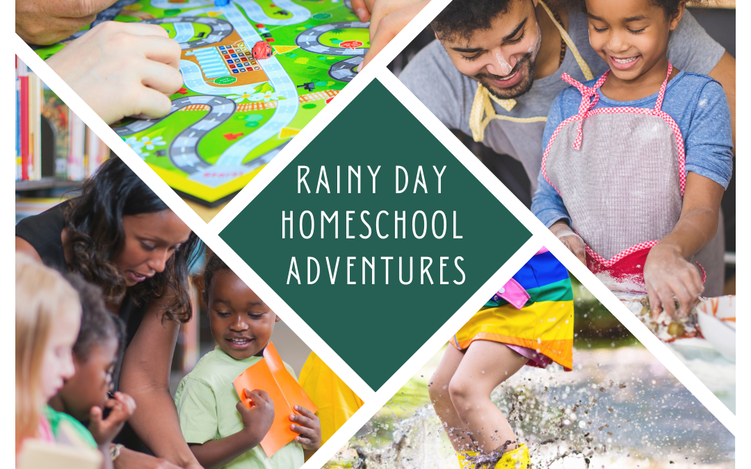 images of parents and kids, stomping in mud puddle, playing a game with the words Rainy Day Homeschool Adventures