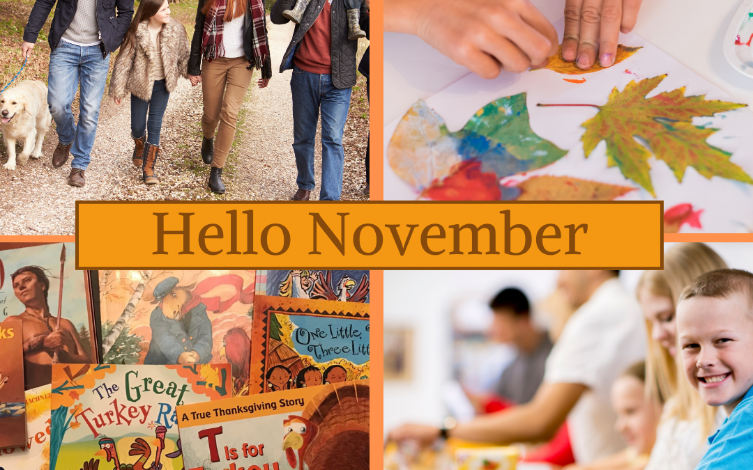 images of fall with the words Hello November