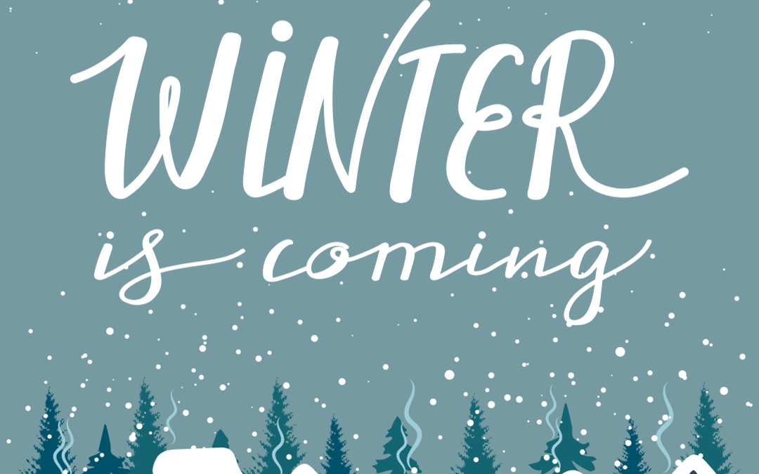 drawing with houses covered in snow and snow falling with the words Say Hello to December WINTER is coming