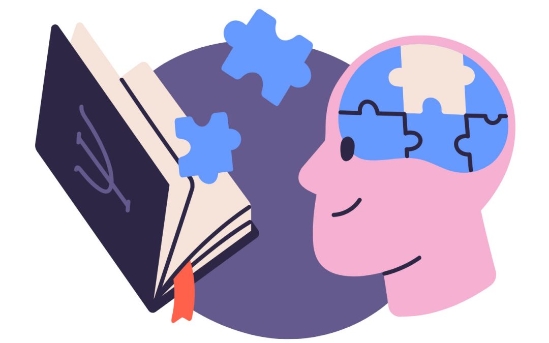 illustration of person's head filled with puzzle pieces and looking at open book