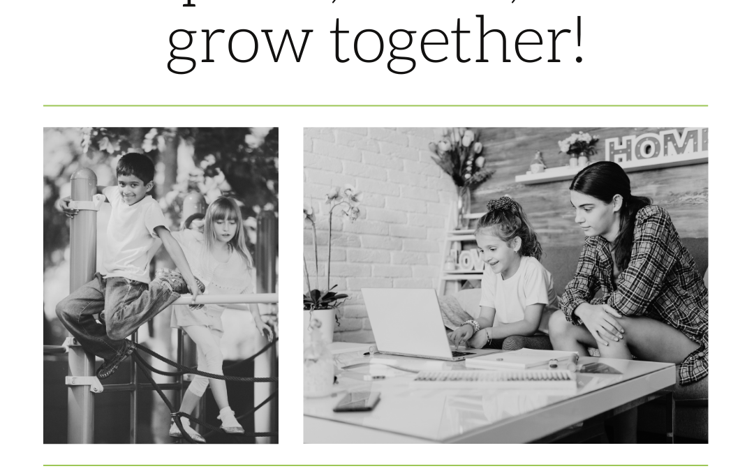 Explore, learn, and grow together! Black and white photos - one of two young children playing on a playground, and one of a student and guardian excitedly working on a laptop. Finding your homeschool groove.