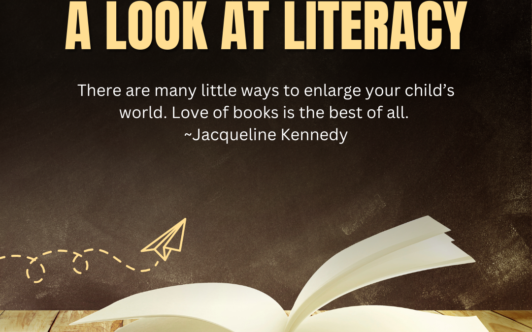 Open book with the text A Look At Literacy. Quote by Jacqueline Kennedy "There are many little ways to enlarge your child's world. Love of books is the best of all."