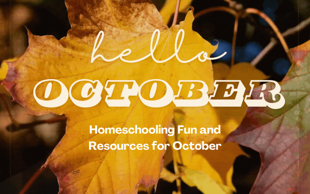 Animated gif of Yellow fall leaf blowing in the wind with text in foreground. Hello October. Homeschooling Fun and Resources for October. Cottonwood logo.