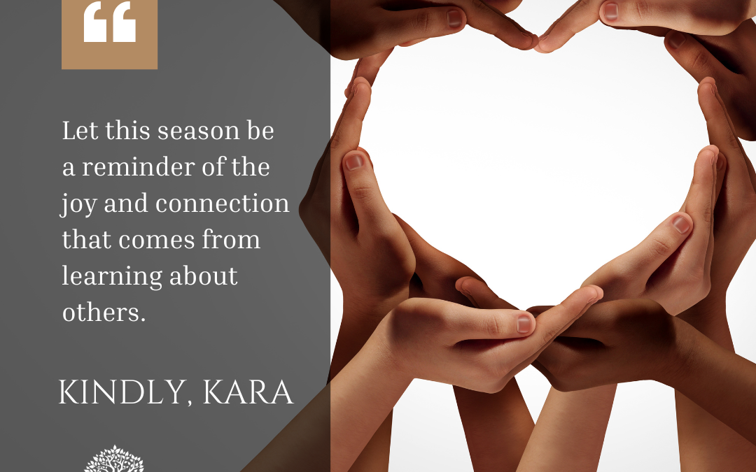 Photo of multiple hands joined in the shape of a heart with the Quote: Let this season be a reminder of the joy and connection that comes from learning about others." Background image is different colors of hands creating a heart.