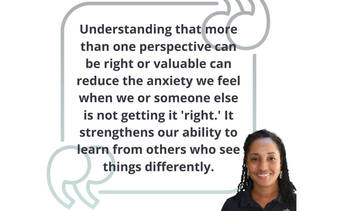 Headshot of Deanna Dyer, Associate Director of Instructional Teams. Quote reads "Understanding that more than one perspective can be right or valuable can reduce the anxiety we feel when someone else is not getting it 'right.' It strengthens our ability to learn from others who see things differently."