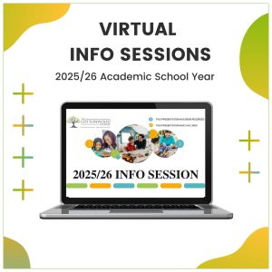 Image of laptop computer with the words Virtual Info Sessions 2025/26 Academic School Year