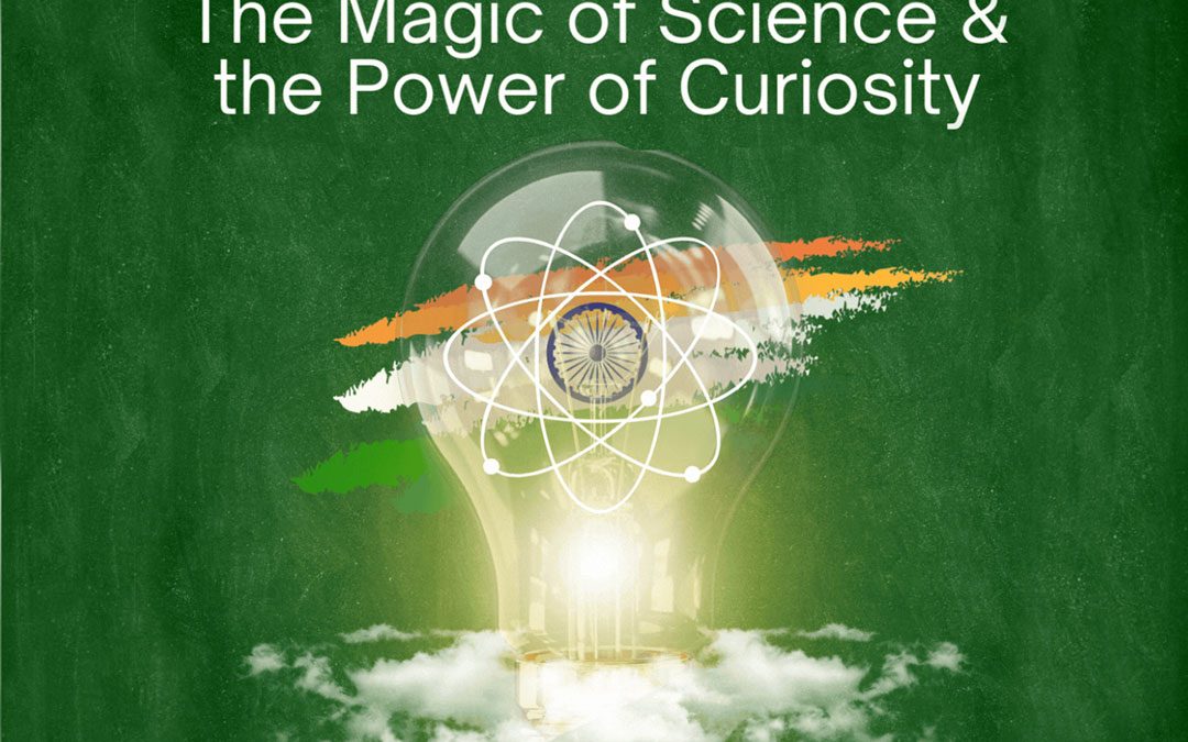 graphic of lightbulb against a green background with clouds below the bulbe and the words The Magic of Science and the Power of Curiosity above the design