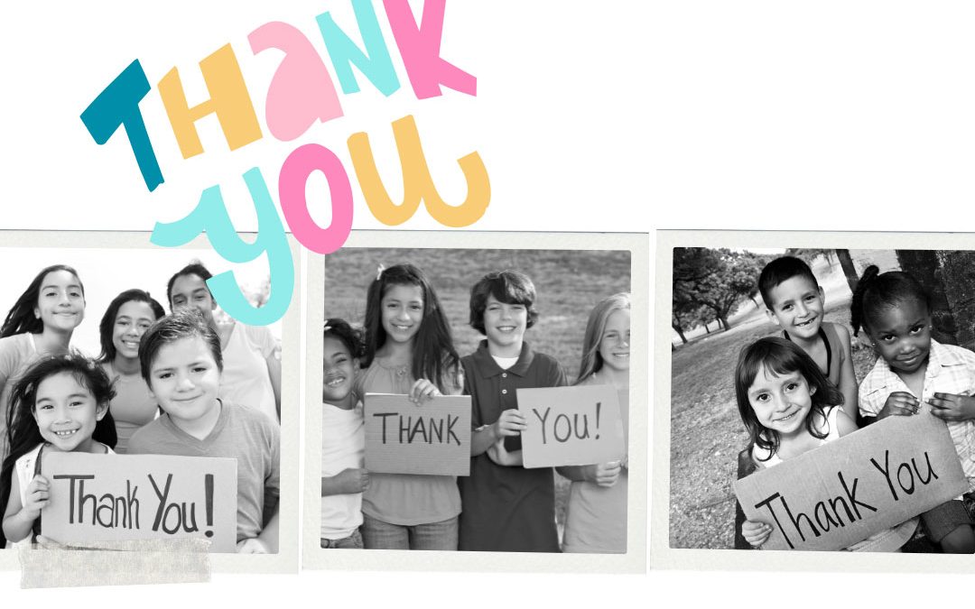 Three black-&-white photos of children holding "thank you" signs,