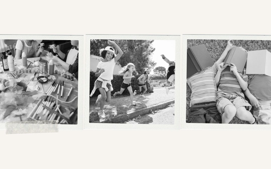 graphic showing three black and white photos. The first shows a table full of craft supplies and two kids. The second shows kids jumping into a pool. The third shows kids lying on the ground with books over their faces.