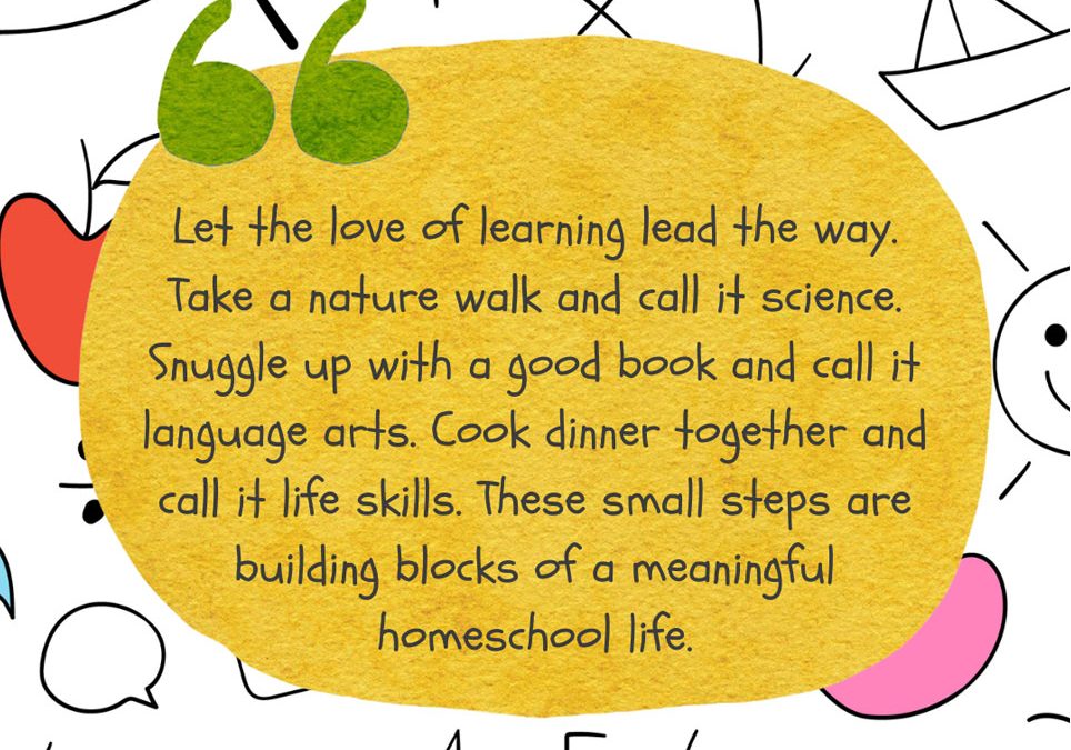 Graphic with the words Let the love of learning lead the way. Take a nature walk and call it science. Snuggle up with a good book and call it language arts. Cook dinner together and call if life skills. These small steps are building blocks of a meaningful homeschool life.