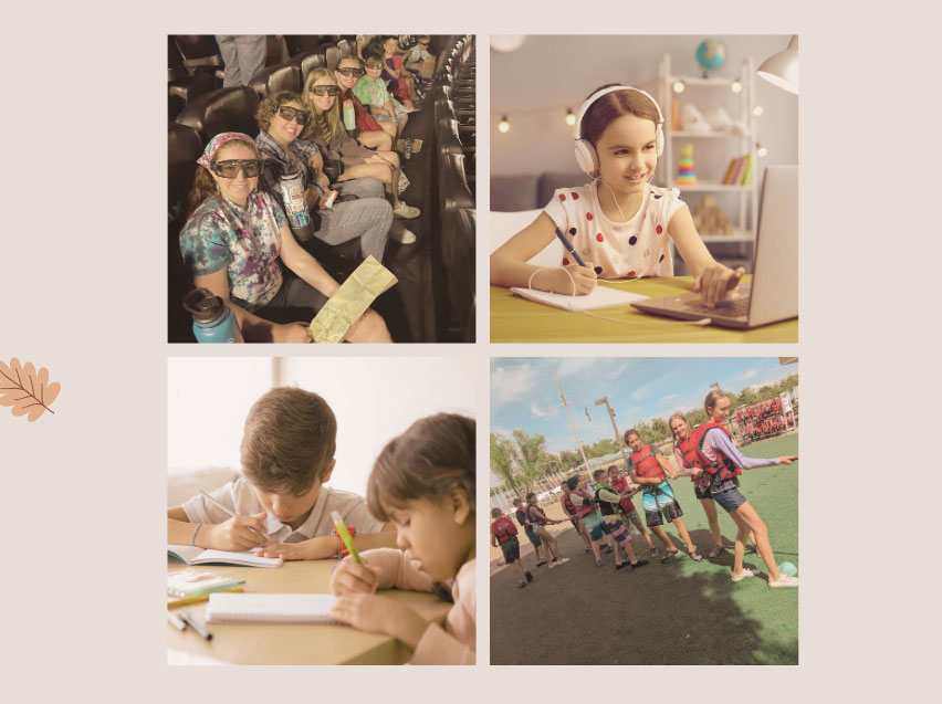 four photos of children: "Students wearing 3D glasses seated in a theater" "Girl wearing headphones writing in front of a laptop" "Two children focused on writing at a desk" "Children lined up outdoors ready for an activity"