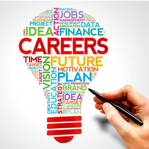multi-colored text with words such as careers, future, idea, and plan in the shape of a lightbulb