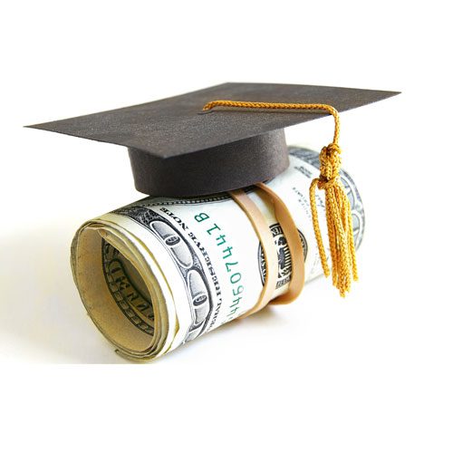 financial aid - image of tiny mortarboard on top of rolled $100 bills