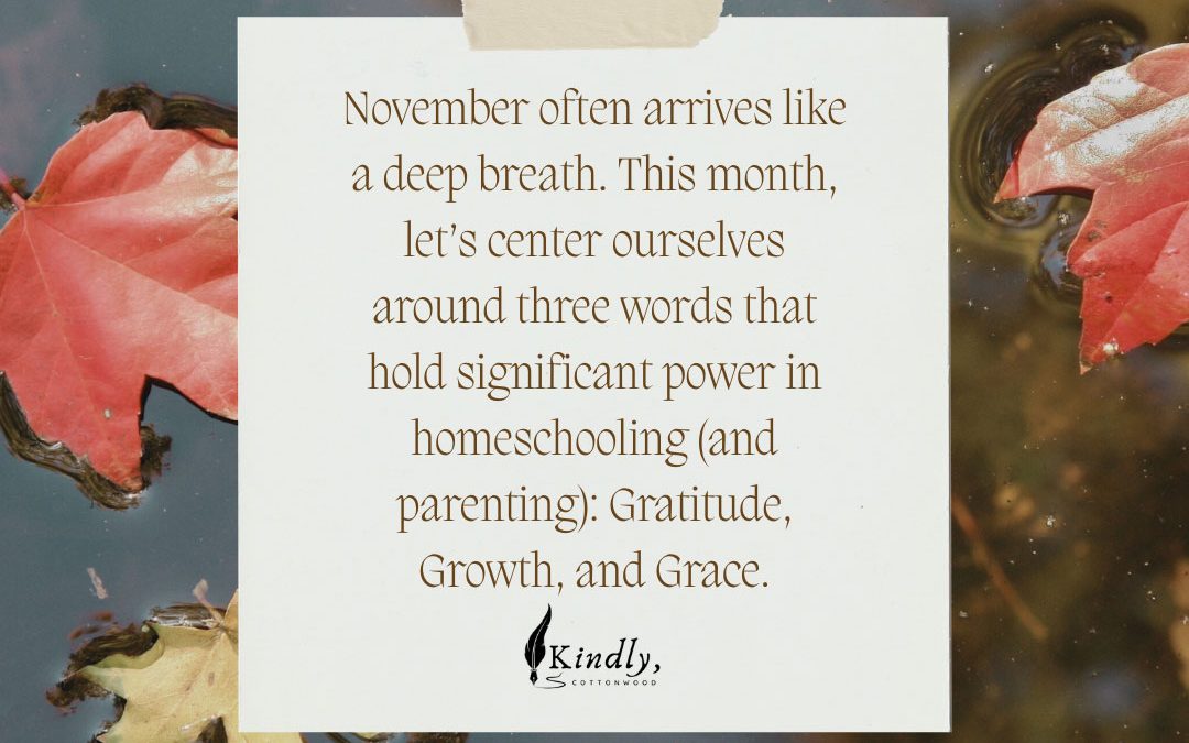 background of fall leaves with the text: November often arrives like a deep breath. This month, let's center oursevles around three words that hold significant power in homeschooling (and parenting): Gratitude, Growth, and Grace