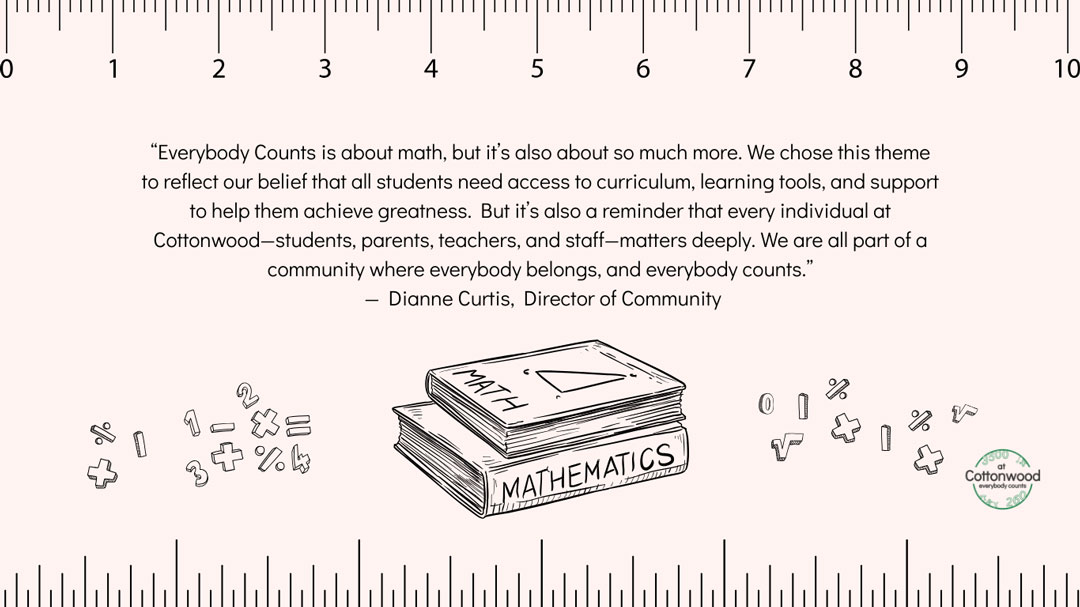 sketch with math books surrounded by mathematical symbols and numbers with a quote from the article
